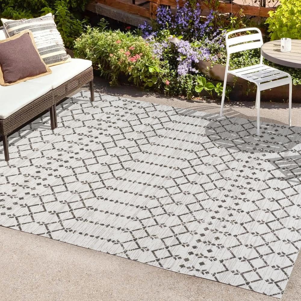 Boho-Chic Moroccan Tribal Geometric Black & Gray 9' x 12' Outdoor Rug