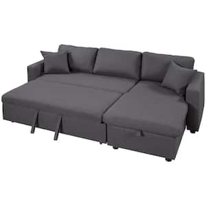 87.40 in W Square Arm 2-piece L Shaped Polyester Sectional Sofa in Gray w/Storage, Pull out Bed, Pillows