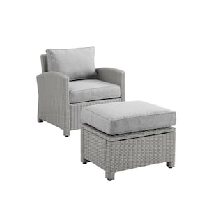 Bradenton Gray Wicker Outdoor Lounge Chair and Ottoman with Gray Cushions