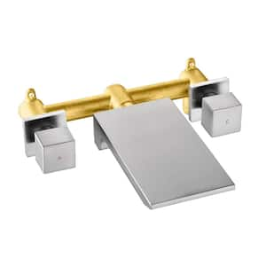 2-Handle Waterfall Wall Mounted Roman Tub Faucet Modern 3-Hole Brass Bathtub Fillers in Brushed Nickel