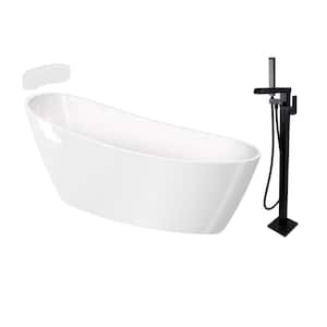 Aaliyah Grande 67 in. x 30.75 in. Soaking Bathtub with Reversible Drain in Gloss White/Matte Black with Faucet, Pillow