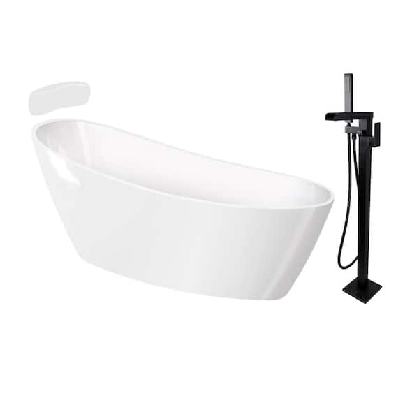 Transolid Aaliyah Grande 67 in. x 30.75 in. Soaking Bathtub with Reversible Drain in Gloss White/Matte Black with Faucet, Pillow