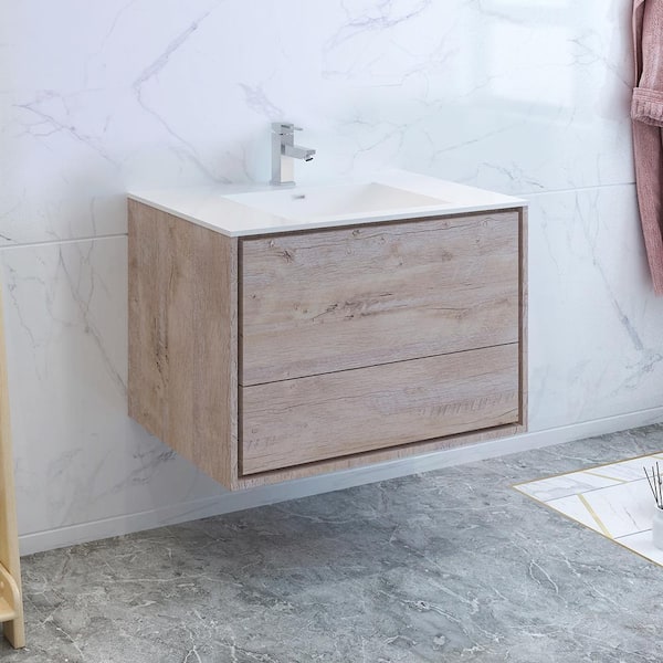 Fresca Catania 36 In Modern Wall Hung Bath Vanity Rustic Natural Wood With Top White Basin Fcb9236rnw I - White Wood Wall Mounted Bathroom Cabinet