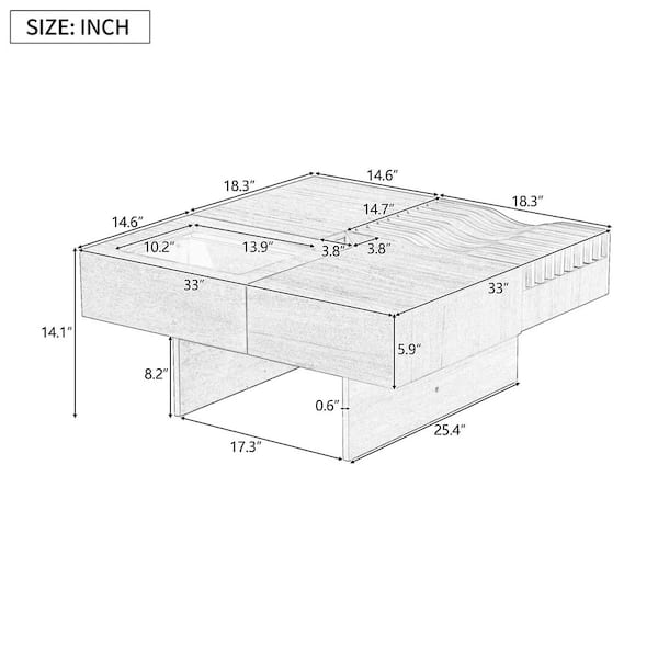 33 in. Black Rectangle MDF Wood Coffee Table with 3 Drawers, Tempered glass and Solid Wood Legs