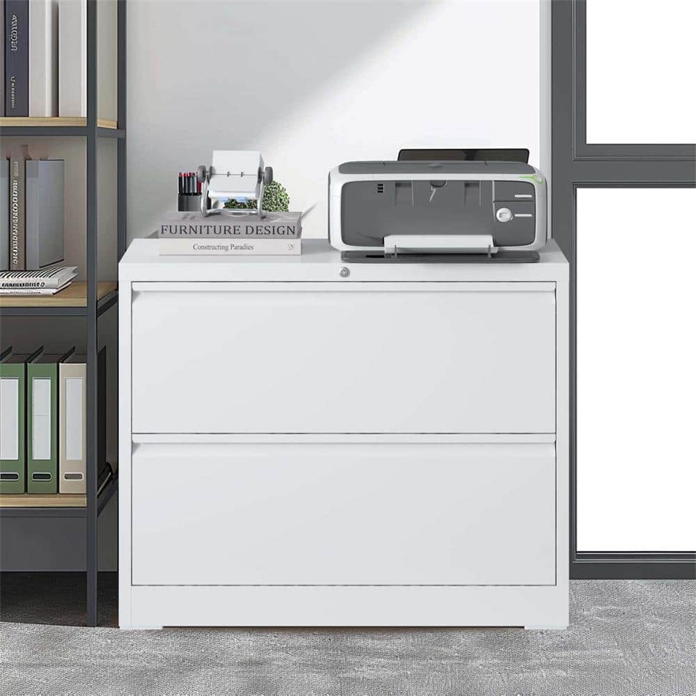 White 28.5 in. H Metal Office Storage Cabinet Steel Lateral File Cabinet with Lock and 2-Drawers