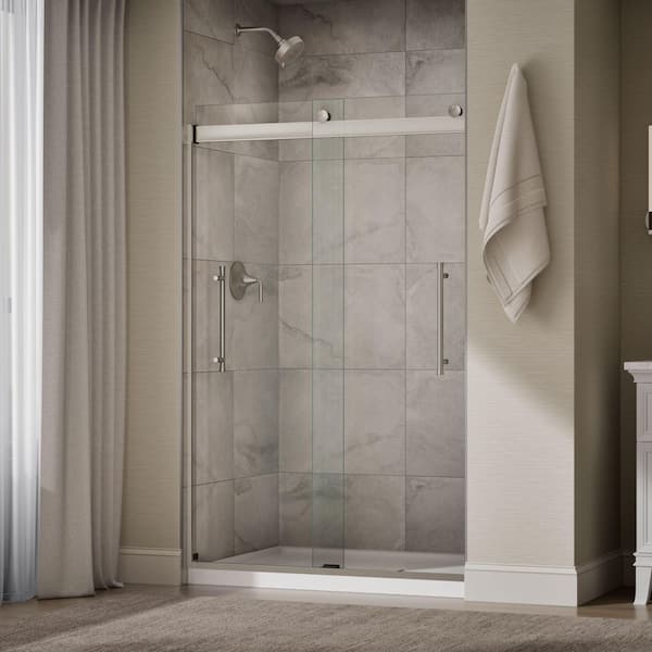 Elmbrook 44-48 in. W x 74 in. H Sliding Frameless Shower Door in Anodized Brushed Nickel with 5/16 in. Thick Clear Glass