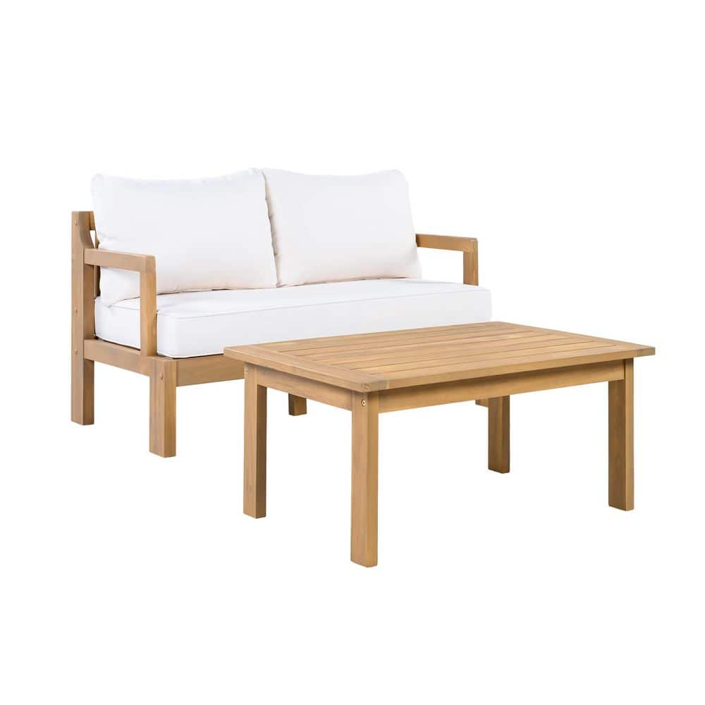 Dunham Outdoor 2 Piece Natural Finish Solid Wood Patio Conversation Set with Beige Cushions, Coffee Table, Slat Design price history on PriceWatchPro