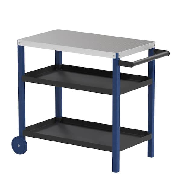 Unbranded 38.5 in. Navy Blue Outdoor Grill Carts Table with Storage Cabinet for BBQ, Patio Cabinet with Wheel and Side Shelf