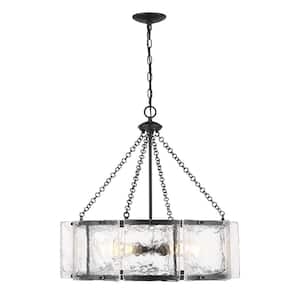 Genry 26 in. W x 25.50 in. H 5-Light Matte Black Statement Pendant Light with Clear Water Piastra Glass Shades
