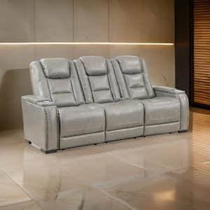 Luxe 84 in. Flared Arm Real Leather Rectangle Power Recliner Drop Table Cupholder Sofa in Gray