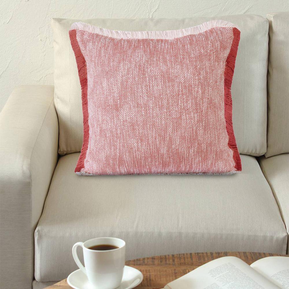Sevita Auburn Red & White Cotton Fringe Square Throw Pillow - 20" x 20"