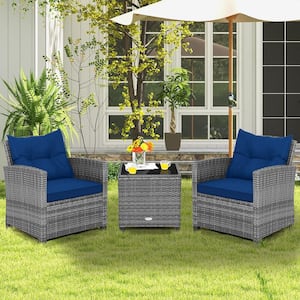 3-Pieces Wicker Patio Conversation Set Rattan Furniture Bistro Sofas Side Table with Navy Cushions