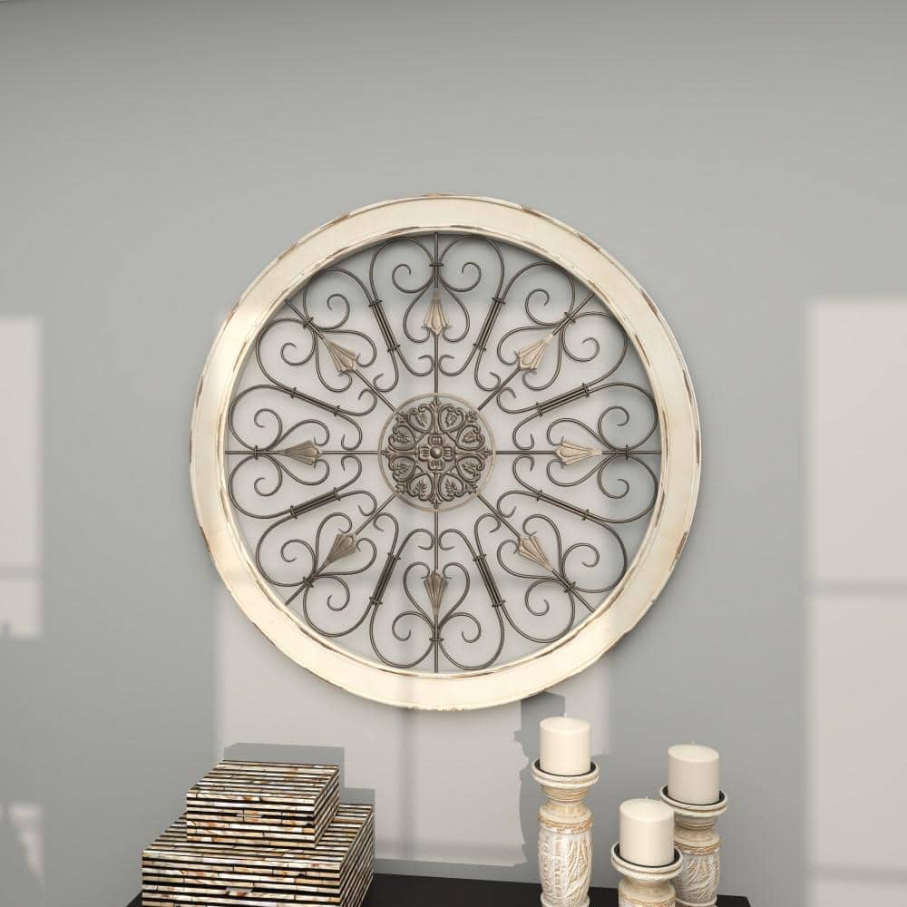 White Distressed Wood and Iron Scroll Wall Decor, 36" Round