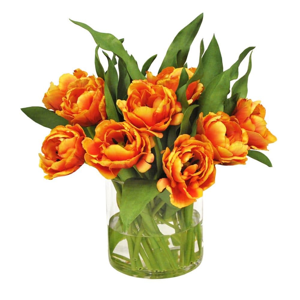14 in. Orange Indoor Artificial Double Tulip Vase