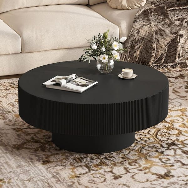 Black 31.5 in. Elegant Round MDF Coffee Table with 6.8" Thick Tabletop, Minimalist Fluted Center Table with Sturdy Base