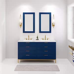 Bristol 60 in. W x 21.5 in. D Vanity in Monarch Blue with Marble Top in White with White Basin and Hook Faucet
