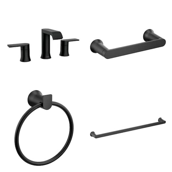 Genta Matte Black Bathroom Set: 8 in. Faucet, Toilet Paper Holder, Towel Ring, 24 in. Towel Bar