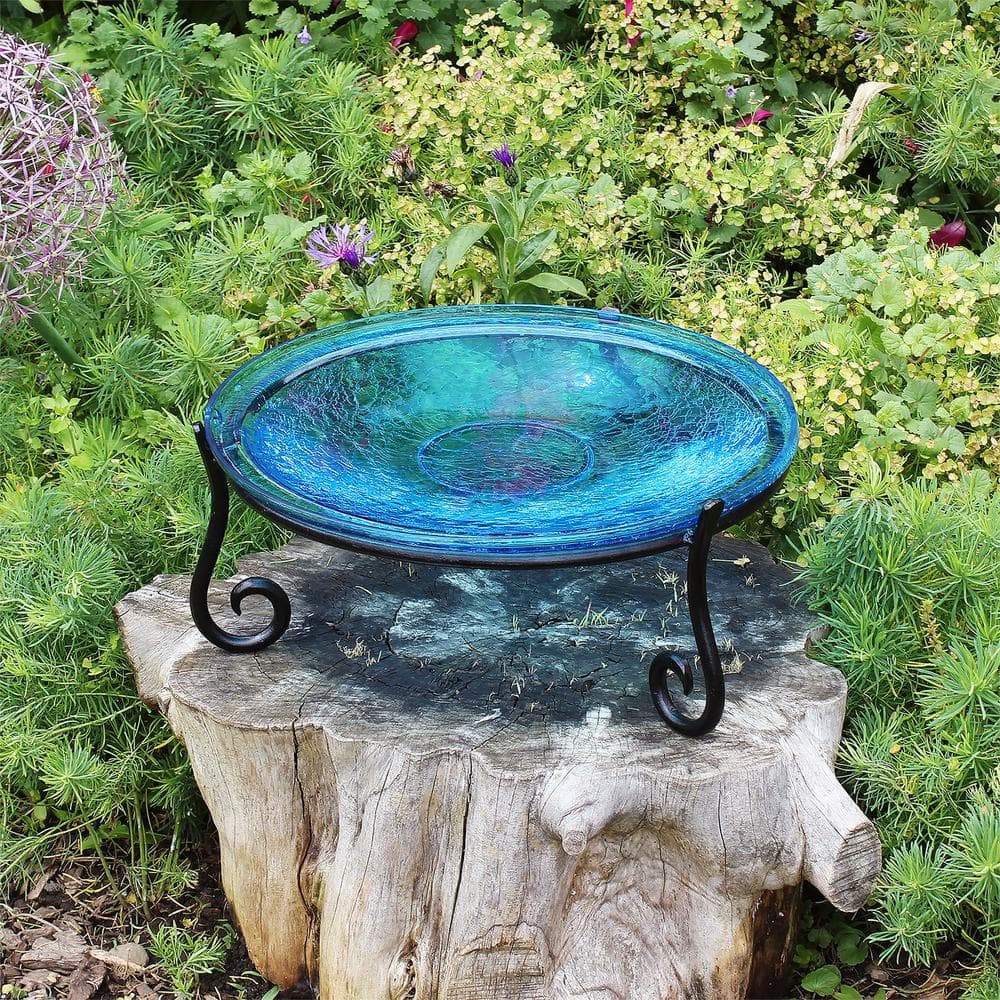 Teal Crackle Glass Birdbath Bowl with Wrought Iron Stand