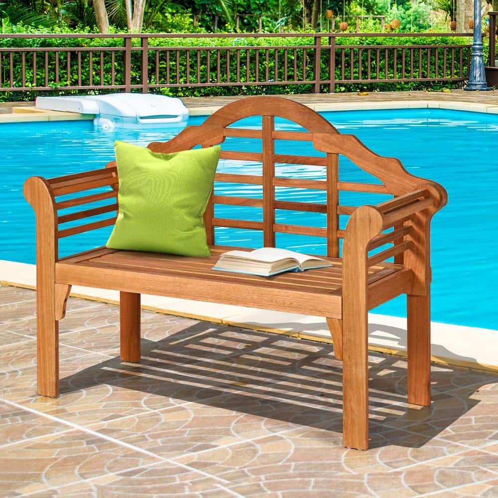 49" Eucalyptus Wood Outdoor Folding Bench with Backrest and Armrest