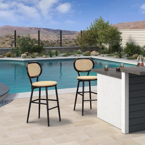 PURPLE LEAF Modern Stackable Aluminum PE Rattan Bar Height Outdoor Bar Stool with Back for Pool Garden Kitchen Island (2-Pack)