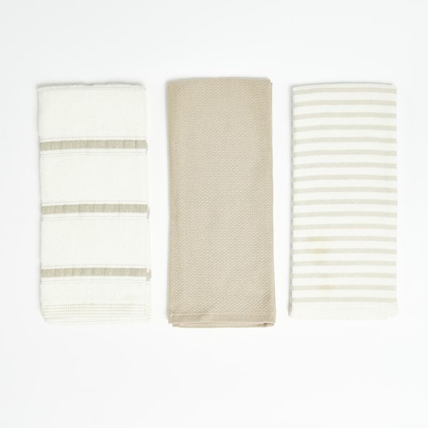NAUTICA Natural Beige Solid/Stripe Combo 100% Cotton Kitchen Towels (3 Piece Set)