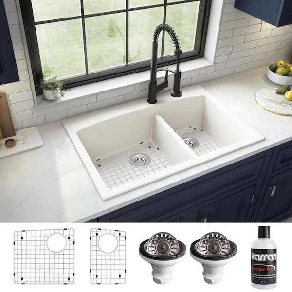 Karran QT-711 Quartz/Granite 33 in. Double Bowl 60/40 Top Mount Drop-In Kitchen Sink in White with Bottom Grid and Strainer