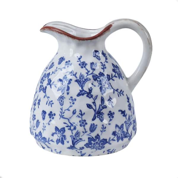 Blue and White Ceramic Pitcher Vase with Handle, 7.28 in. Vintage Crackle Glaze Chinoiserie Decorative