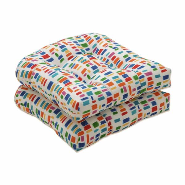 Pillow Perfect 19 x 19 2-Piece Outdoor Dining chair Cushion in Blue/Green Color Tabs Primaries