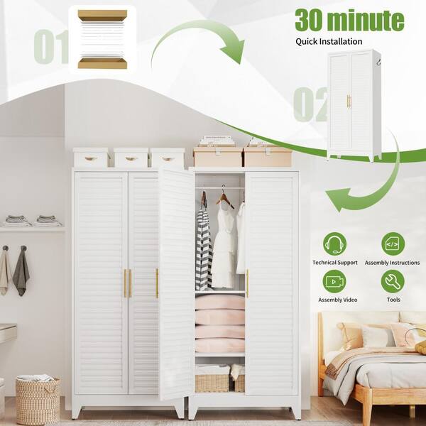White Metal Wardrobe Closet with 2 Doors & Close Hook, 71″ Tall