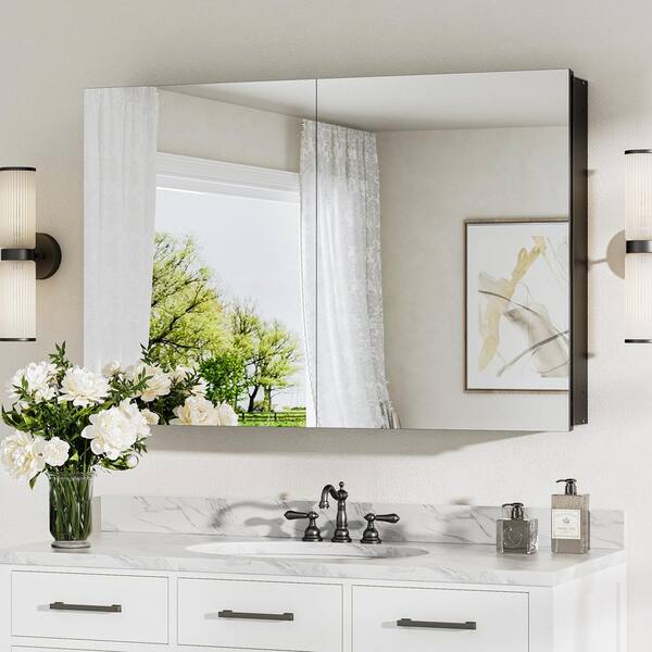 KeonJinn 36 in. W x 24 in. H Rectangular Frameless Aluminum Black Recessed or Surface Mount Medicine Cabinet with Mirror