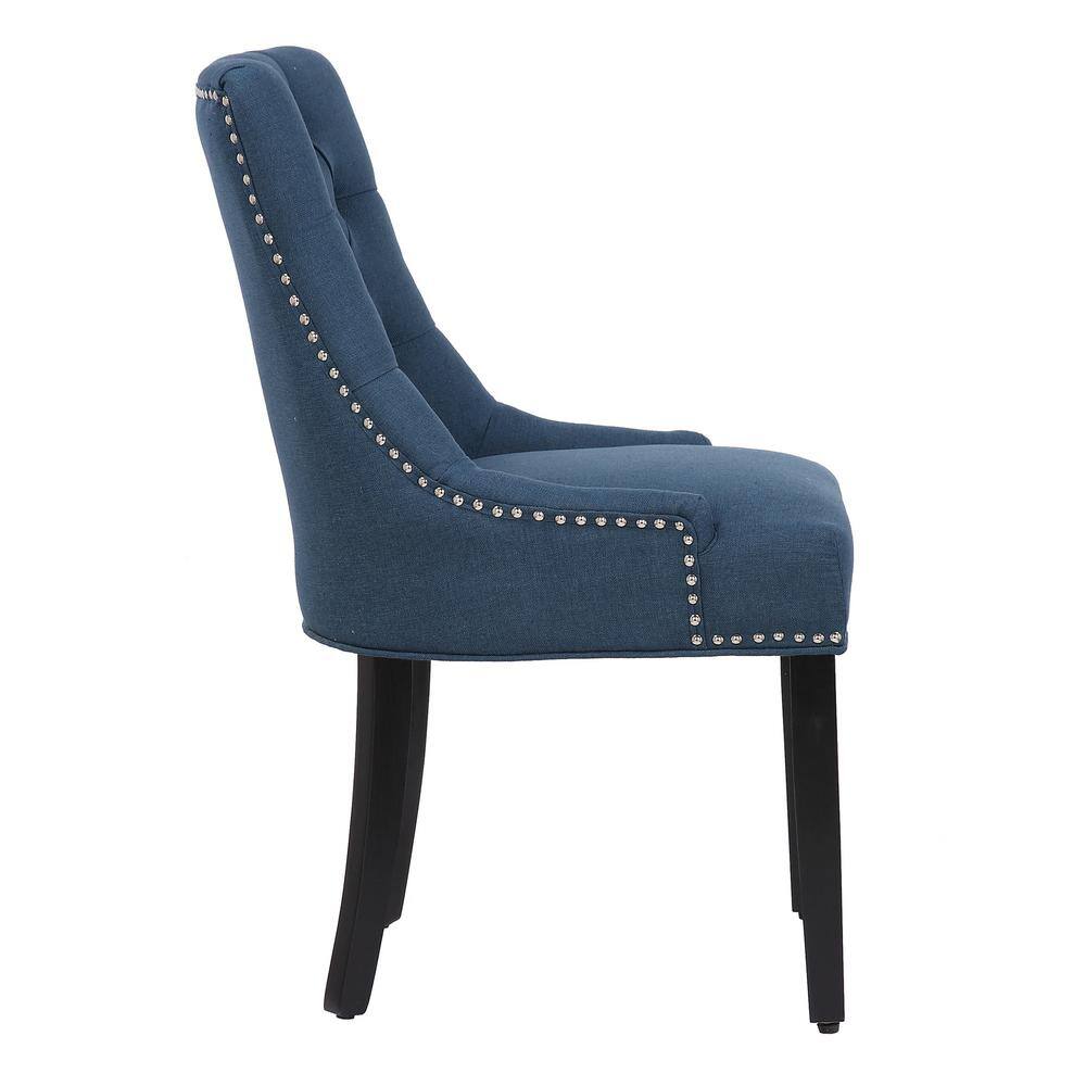 Blue Linen Upholstered Tufted Dining Side Chair with Rubberwood Legs