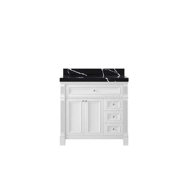 Willow Collections Paris 36 in. Left Offset Sink Freestanding White Bath Vanity with Calacatta Black Top