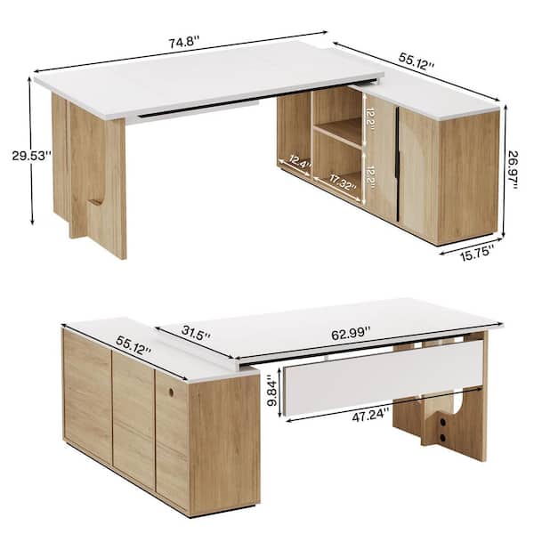 BYBLIGHT Lanit 74.8 in. L-Shaped Brown White Home Office Computer