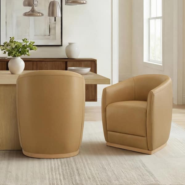 Hannah Sand Birch Wood Frame Genuine Leather 360° Swivel Caster Modern Arm Dining Chair Set of 2 for Kitchen