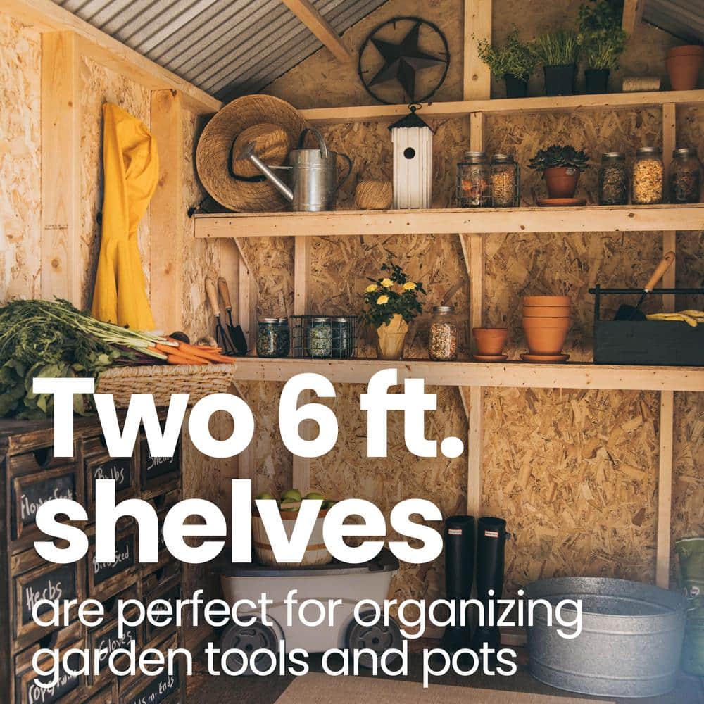 Gray 6' x 8' Wooden Garden Shed with Metal Roof and Shelving