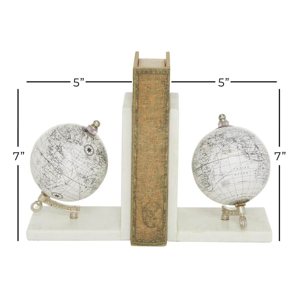 White Marble Globe Bookends with Silver Metal Accents, Set of 2