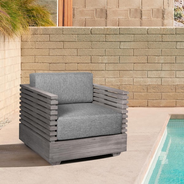 Armen Living Vivid Light Gray Eucalyptus Wood Outdoor Lounge Chair with Light Gray Cushion