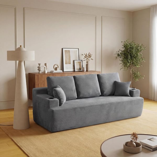 Xaria 87 in. Square Arms Upholstered Corduroy Rectangle Compression Sofa in Gray with Cup Holders, Storage Pockets