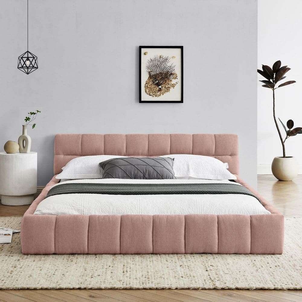 Elfin Beige Wood Frame Queen Size Platform Bed with Chenille Upholstered Headboard - thumbnail 7