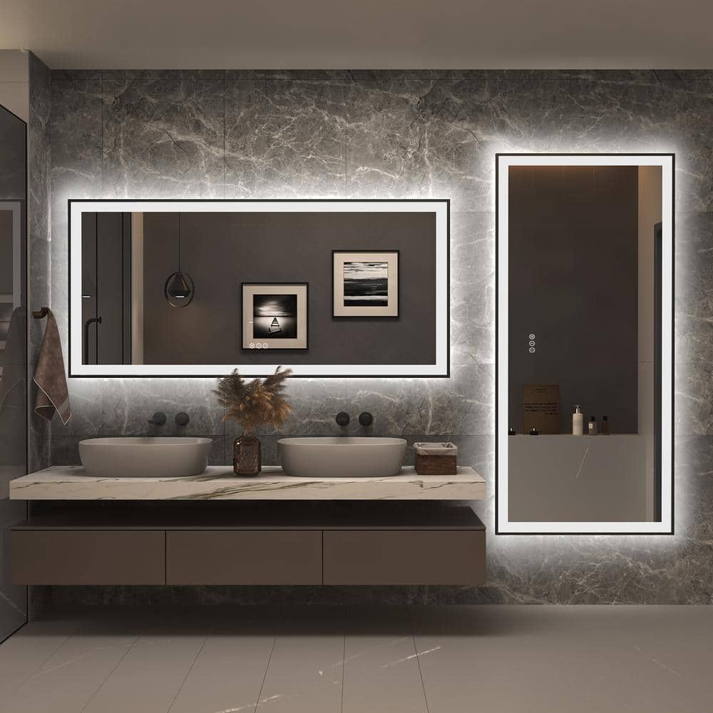 Matte Black LED Lighted Anti-Fog Tempered Glass Vanity Mirror, 60" x 28"