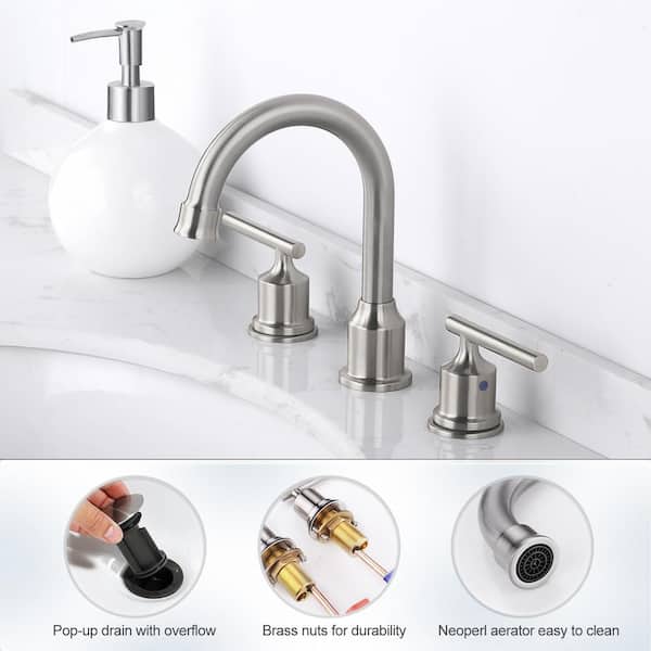 8 in. Widespread Double Handle High Arc Bathroom Faucet with Pop Up Drain and Supply Lines Included in Brushed Nickel
