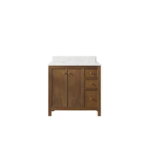 Chicago Veneer 36 in. W x 22 in. D x 36 in. H Center Sink Bath Vanity in Dark Natural with 1.5" Calacatta Laza Qt. Top