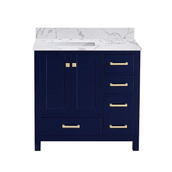 PROOX Enlivena 36 in. W x 22 in. D x 35.8 in. H Single Sink Freestanding Bath Vanity in Navy with White Engineered Stone Top