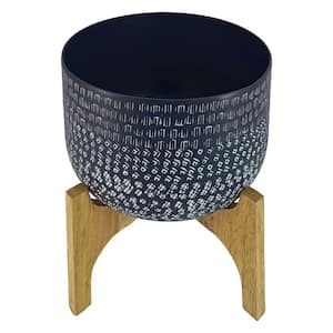 Alex 12 in. Artisanal Industrial Round Hammered Metal Planter Pot with Wood Arch Stand, Midnight Blue