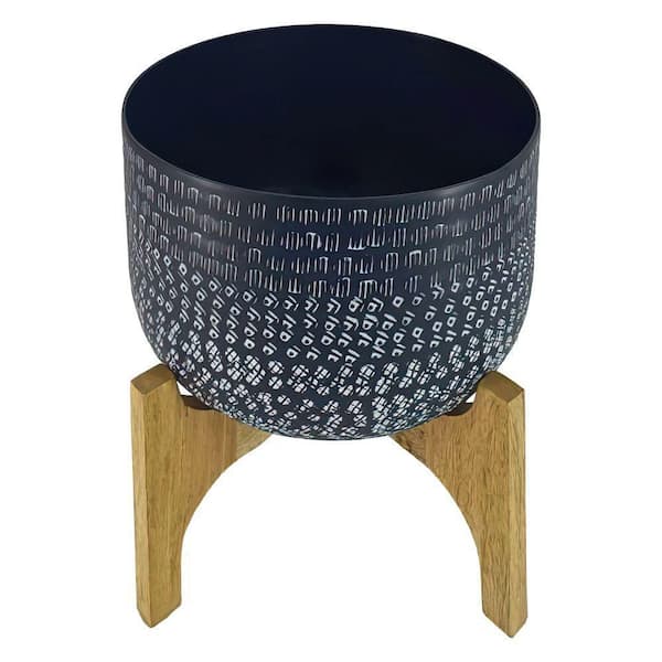 THE URBAN PORT Alex 12 in. Artisanal Industrial Round Hammered Metal Planter Pot with Wood Arch Stand, Midnight Blue