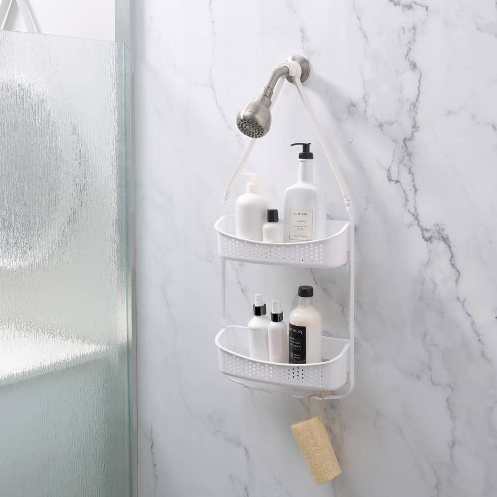 White Plastic Convertible Hanging Shower Organizer with Hooks