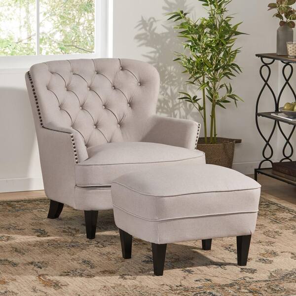 Noble House Tafton Natural Fabric, White Tufted Chair And Ottoman