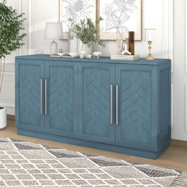 Nestfair Antique Blue MDF 60.1 in. W Sideboard Buffet Cabinet with 4 Doors, Adjustable Shelves and Silver Handles