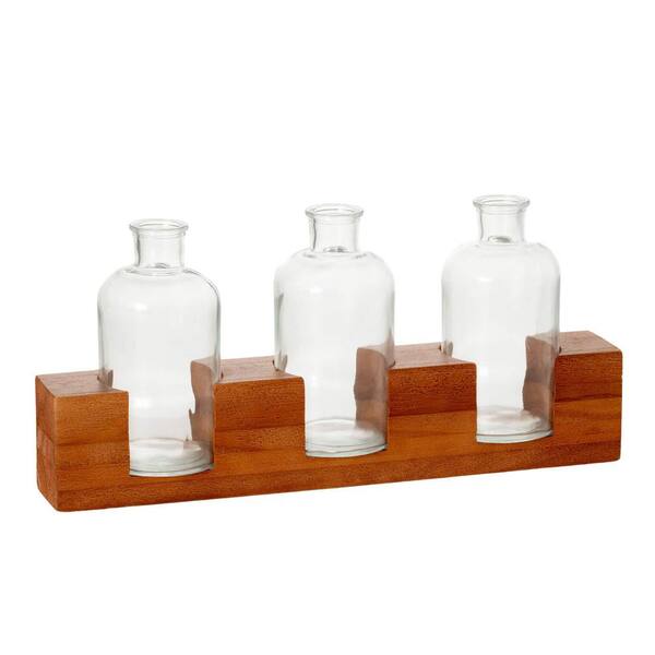 SULLIVANS 15.75 in. Bottle Vases With Wooden Base, Glass