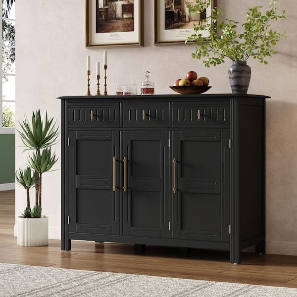 Cahill Modern Black 48 in. W Sideboard Accent Storage Cabinet with Adjustable Shelves, Drawers, Wood Frame